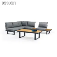 Aluminum Frame Outdoor Teak Sectional Corner Sofa with Side Coffee Table