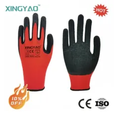 En388 CE 13G Polyester Nylon Red Black Latex Crinkle Anti Slip Working Labor Protection Work Industrial Construction Safety Hand Gloves