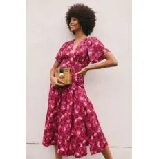 Women Clothing Factory Willow Pink Floral Print Angel Sleeve MIDI Dress