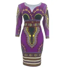 Hot Sales Ethnic & Folk Apparel V-Neck Print Slim Fit Hip Dress