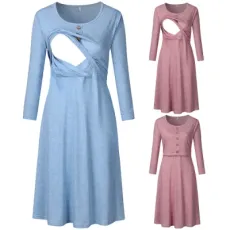 Wholesale Autumn Round Neck Long Sleeve Maternity Dress Button-Decorated Nursing Dresses