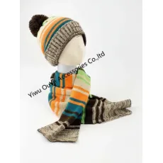 Warm Accessories Constrast Color Pompom Hat Stripe Scarf Knitted Set