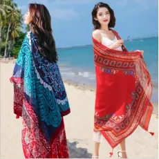 Hot Selling Colourful Ethnic Print Style Sunscreen Beach Shawl Women′s Pashmina Shawl