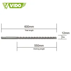 Vido 12*600mm Concrete Drill Bit Double SDS Plus Slot Masonry Hammer Head Tool High Speed White Steel Wrench for Electric Drill