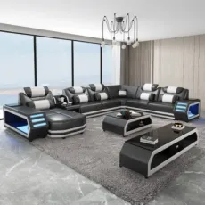 Functional LED Modern European Design Leisure Home Living Room Furniture Set Genuine Leather Sectional Sofa