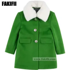 2022 Factory Brand Baby Clothing Children Garment Winter Girl Green Wool Coat with Fur Brand Outer Wear