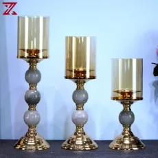 New Design Set of 2 Gold Metal Base Candlestick Jade Decorative Candle Stand for Table Craft Gift Item