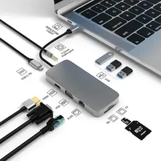 USB C Hub 10 in 1 Type C to HD-Mi USB3.0 USB2.0*2 SD TF RJ45 VGA Audio3.5mm Audio Frequency USB-C Pd Gray Basix