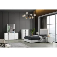 Nova White Gloss Bedroom Furniture Set with 2 Nightstands / Dresser and Mirror / LED Gloss Bed