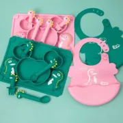 Baby Feeding Supplies New Arrival Eco Non-Toxic Strong Suction Dinosaur Bib Set BPA Free Baby Silicone Plate