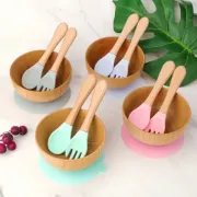 Factory Wholesale Wooden Bowl with Wooden Fork Spoon Logo Free
