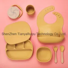 Yellow Bib Silicone Plate Baby Bowl Snack Cup Food Grade Silicone Feeding Set