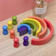 Rainbow Building Blocks Wood Balls Plate Figures Stacking Wooden Toy Rainbow Tower Toys